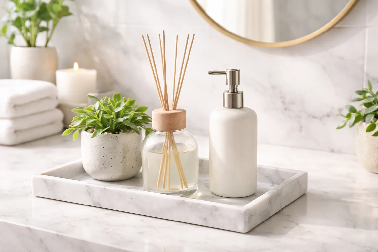 Bathroom counter with a white marble tray holding a diffuser, hand lotion, and a small plant, spa-like styling