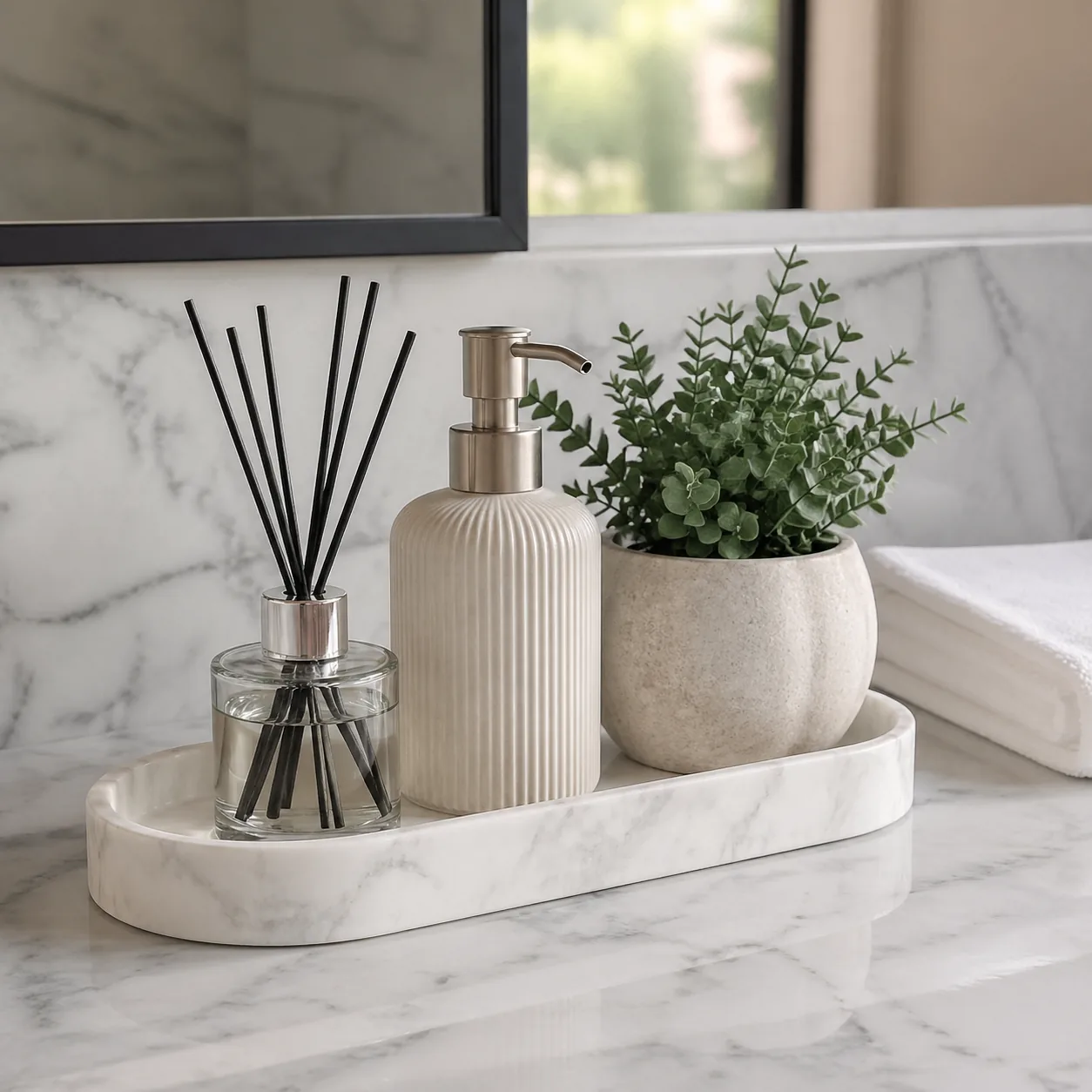Bathroom counter with a white marble tray holding a diffuser, hand lotion, and a small plant, spa-like styling