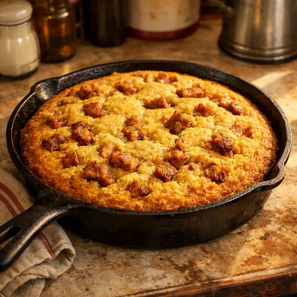 golden skillet cornbread with visible pieces of golden pork crackling baked into it, cast iron skillet on worn kitchen c