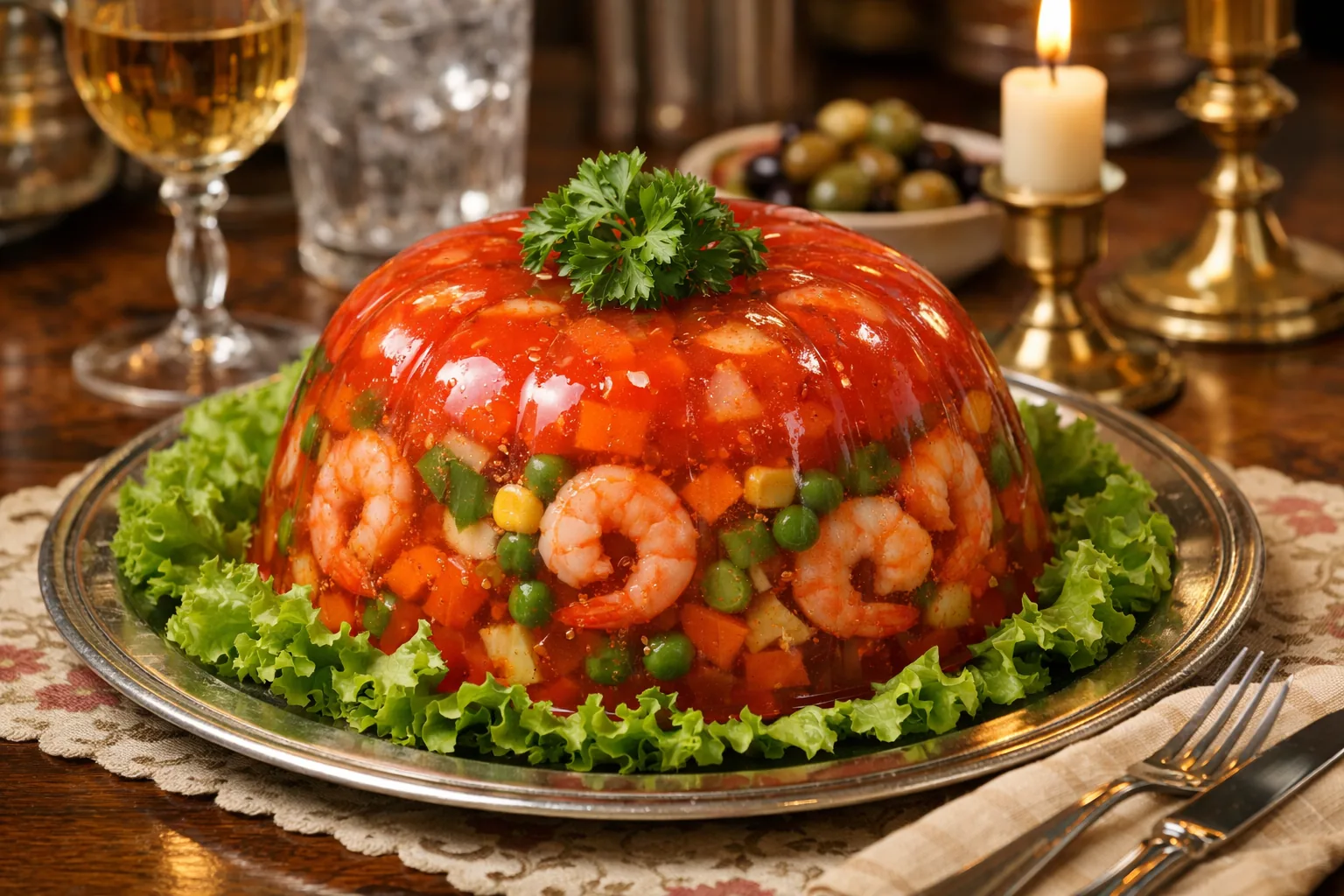 Savory tomato aspic gelatin mould with vegetables and shrimp visible inside, on a 1970s formal dinner table, a sprig of 