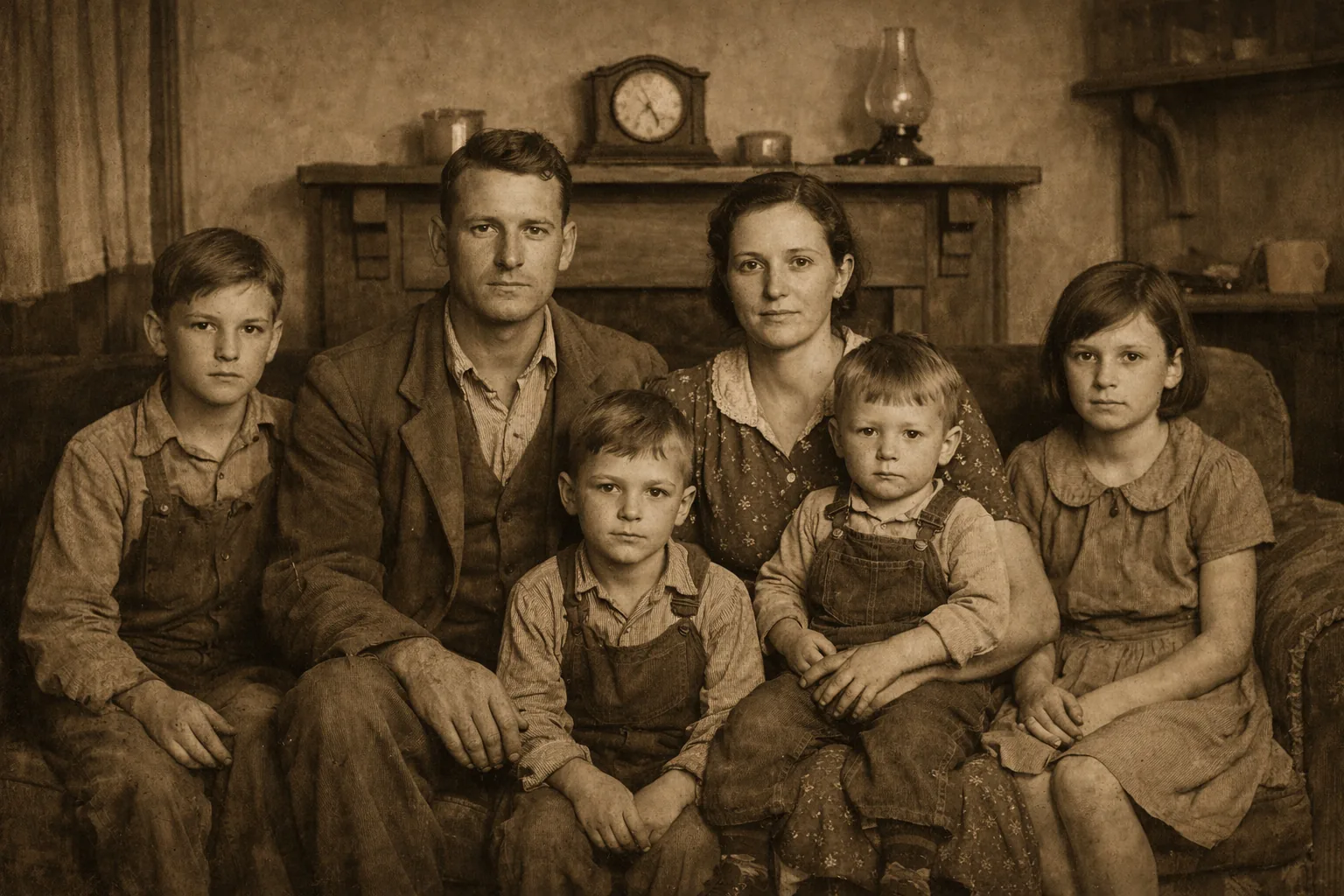 1930s era American family portrait in modest Depression-era home, parents with three or four children, simply dressed, q