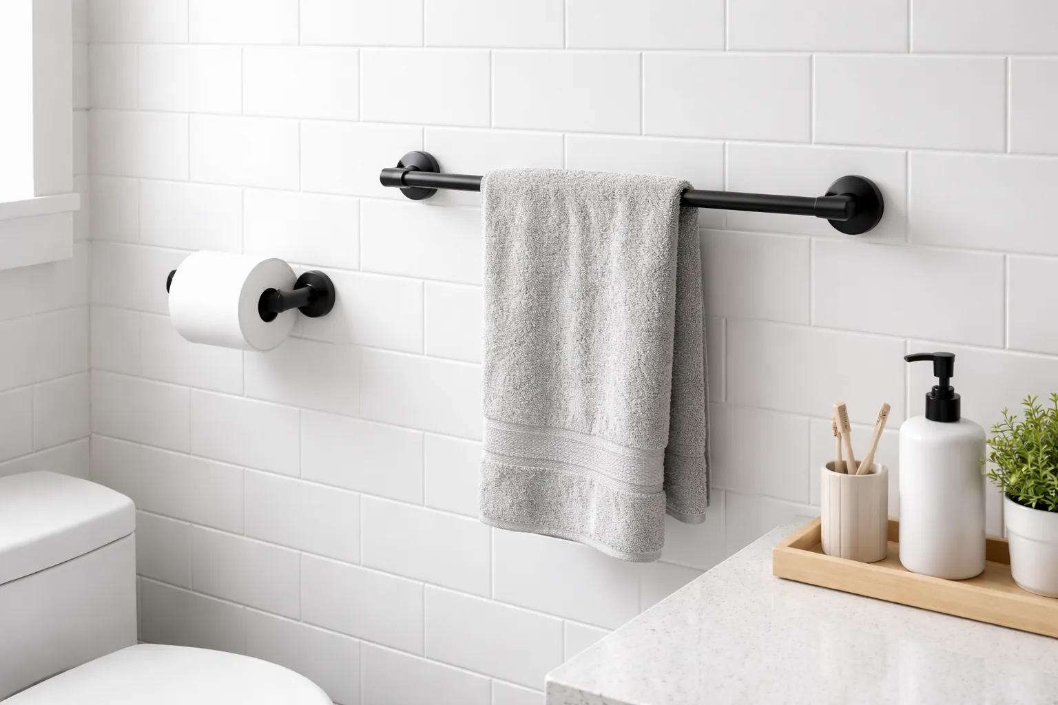 Bathroom with matching matte black toilet paper holder and towel bar hardware, clean and modern