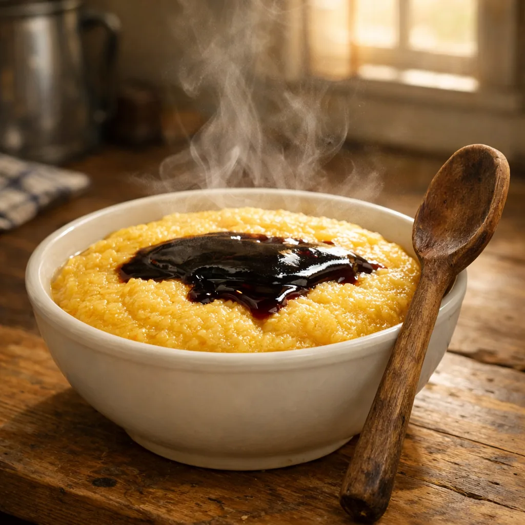 plain white ceramic bowl of thick golden cornmeal mush with a dark ribbon of molasses poured over the top, steam rising,