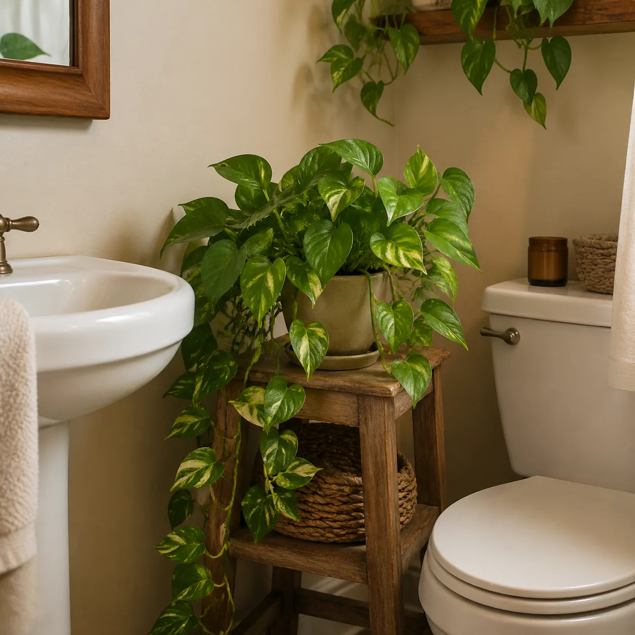 Bathroom corner with a pothos plant on a small stool or shelf, warm and organic feel