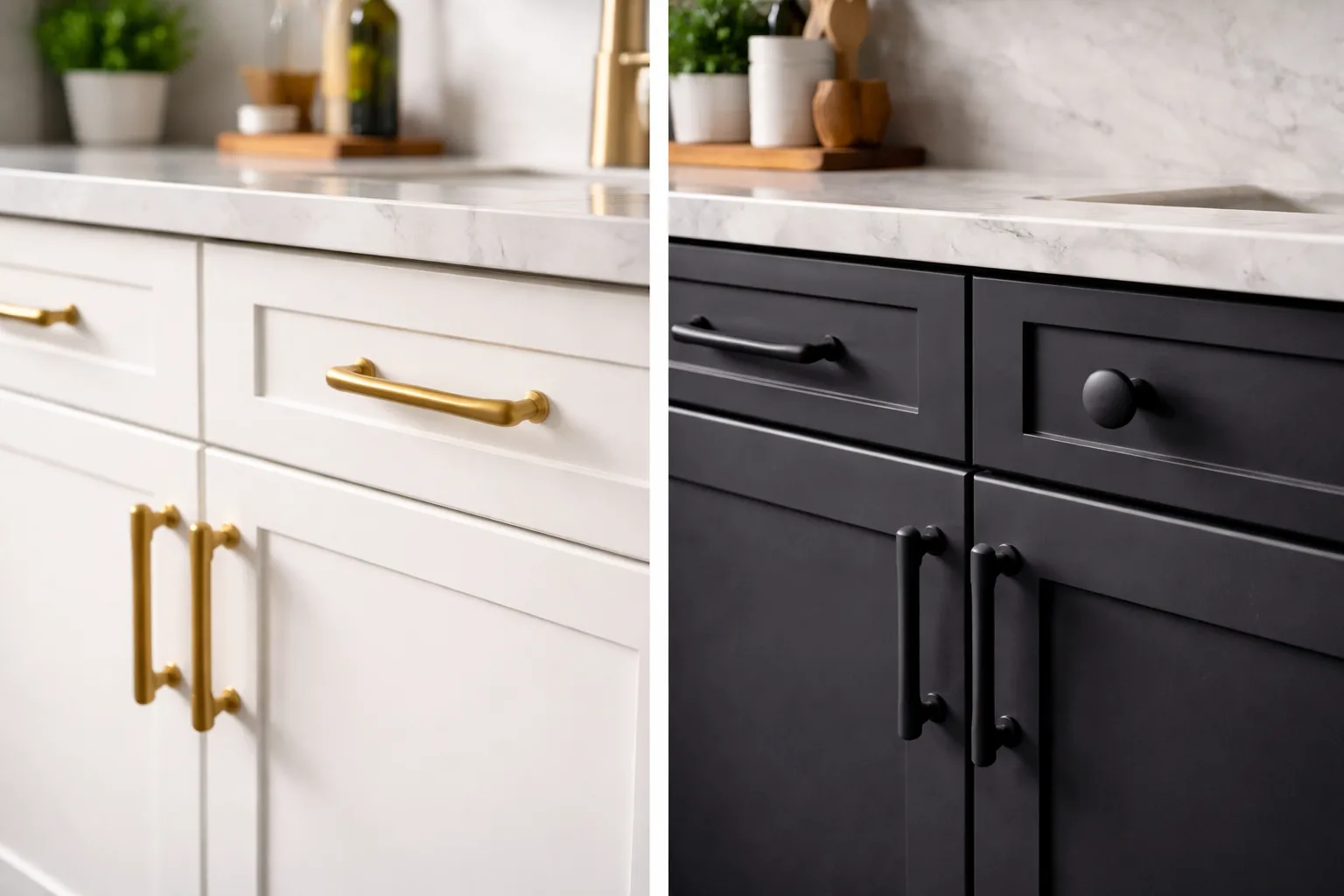 Kitchen cabinets with new brushed gold or matte black hardware installed, close-up detail shot