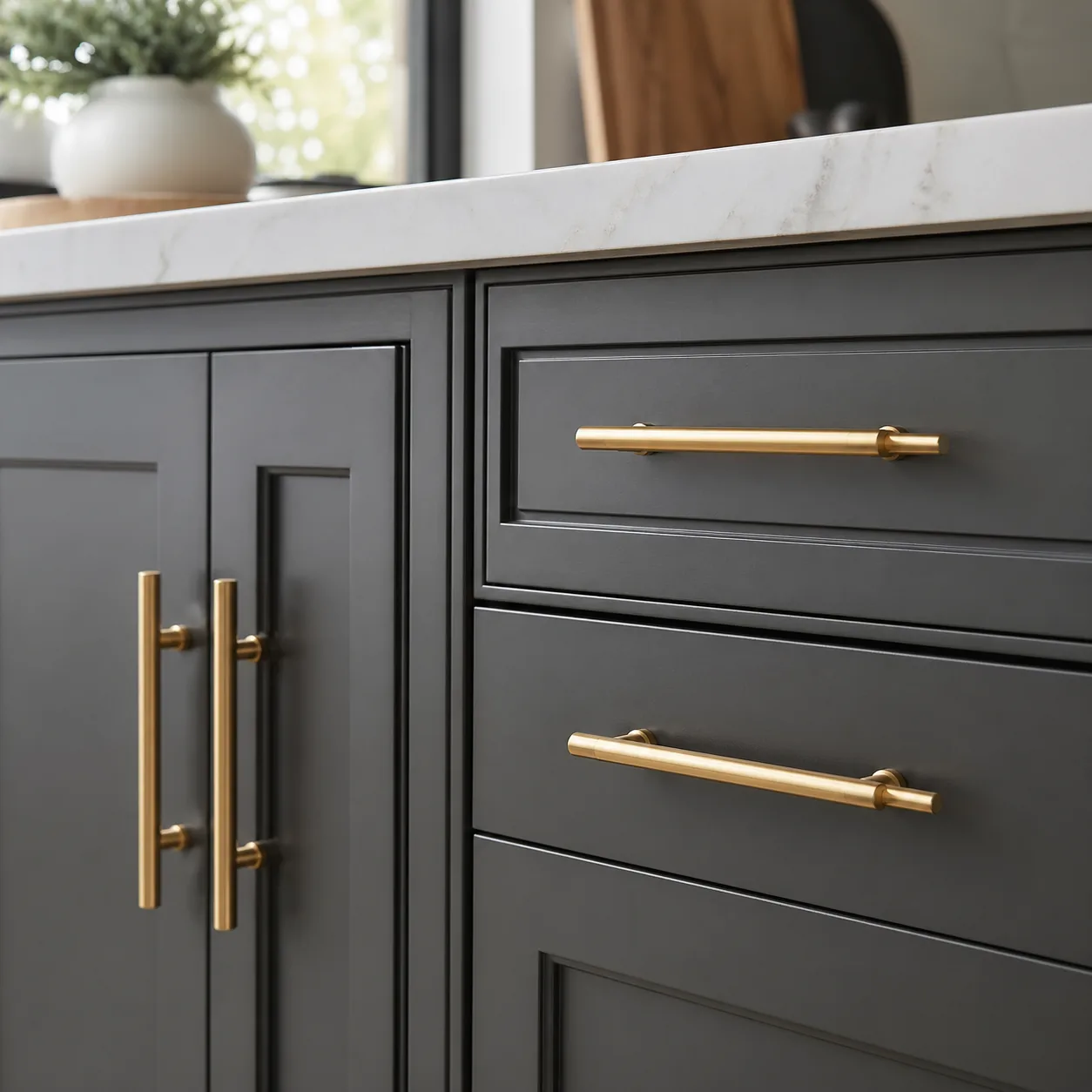Kitchen cabinets with new brushed gold or matte black hardware installed, close-up detail shot