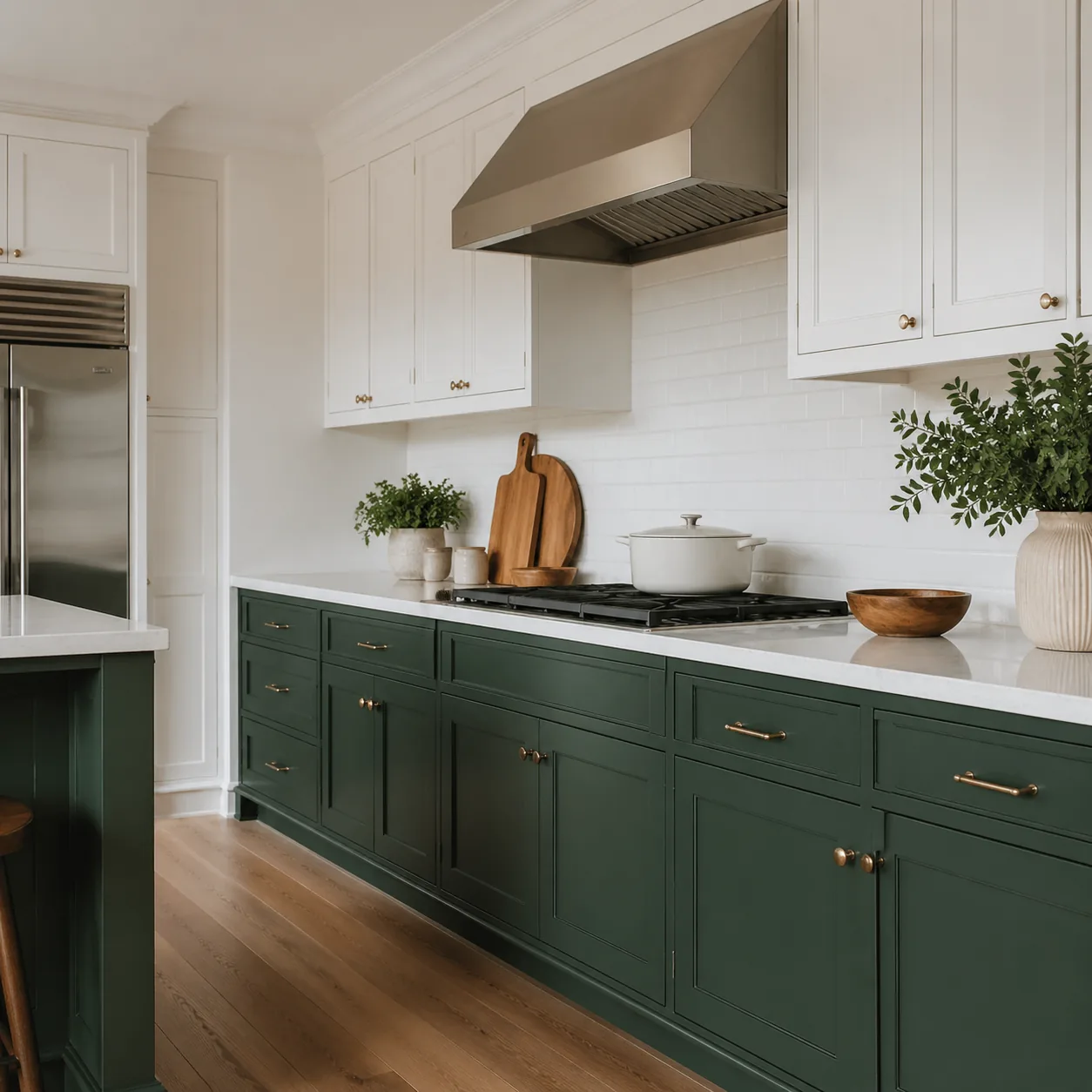 Kitchen with freshly painted lower cabinets in a deep navy or sage green, upper cabinets white, modern and striking