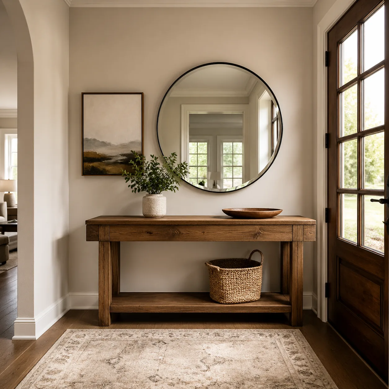 Home entryway with a console table, mirror, small plant, and one piece of art — welcoming and composed