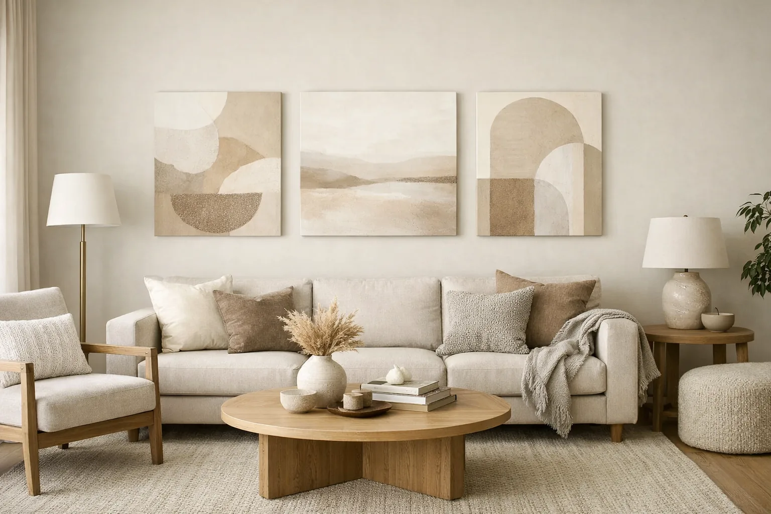 Clean living room with neutral art on the wall instead of family photos, elegant and inviting