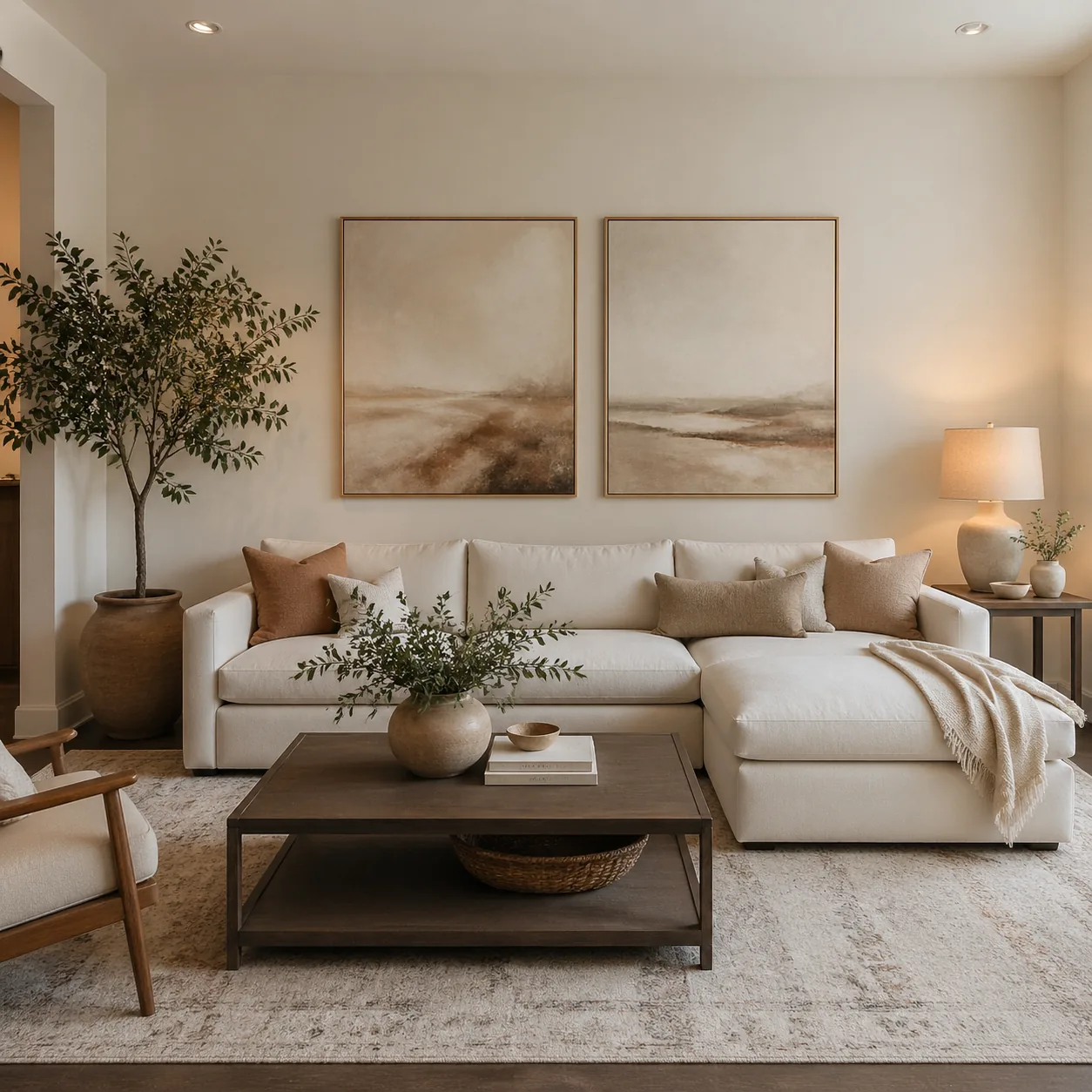 Clean living room with neutral art on the wall instead of family photos, elegant and inviting