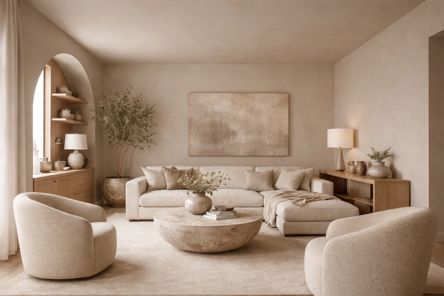 Living room with walls and ceiling painted the same warm greige color, making the space feel enveloping and modern