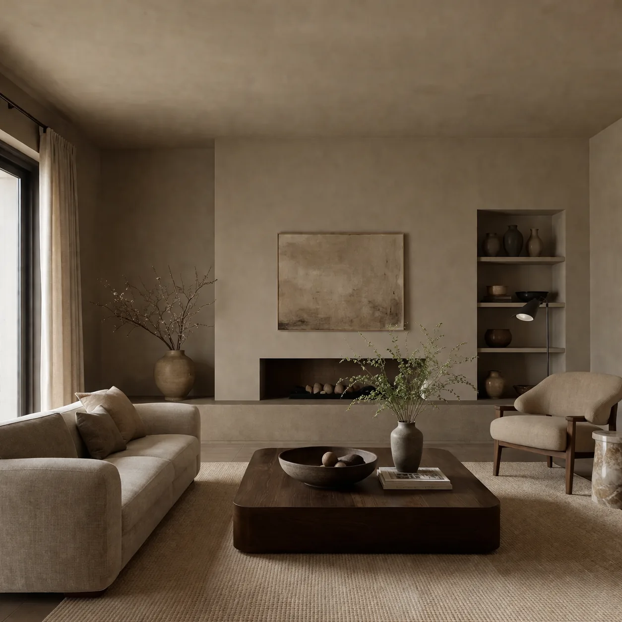 Living room with walls and ceiling painted the same warm greige color, making the space feel enveloping and modern