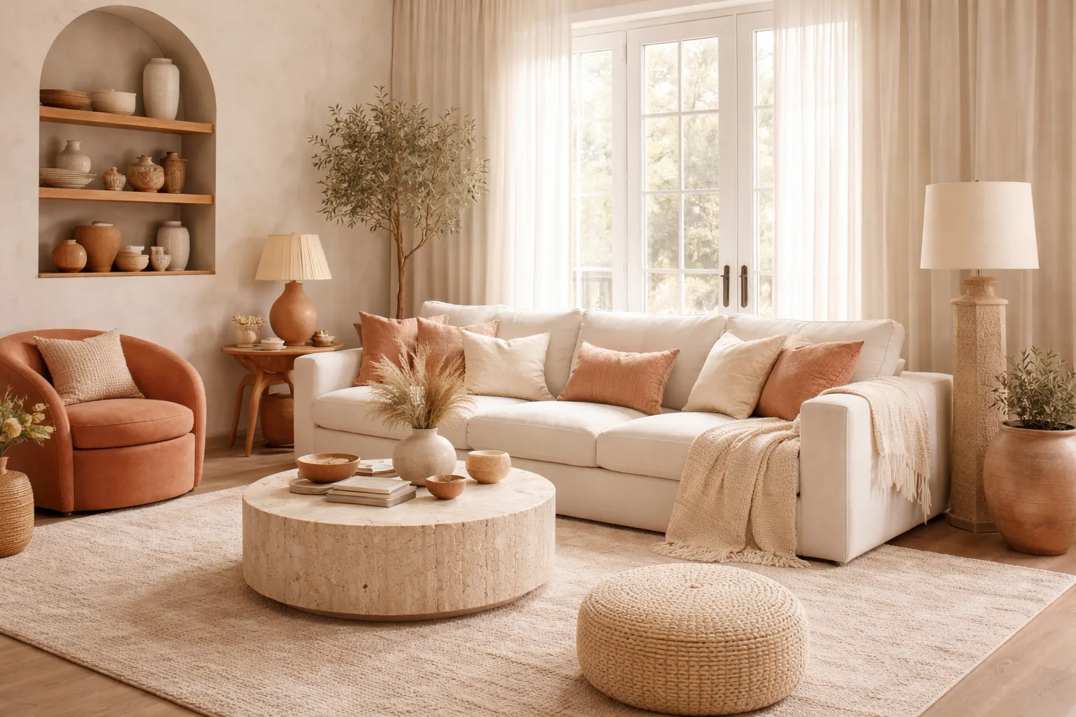 Living room in a cohesive palette of warm creams and soft terracotta, layered textures but unified color story