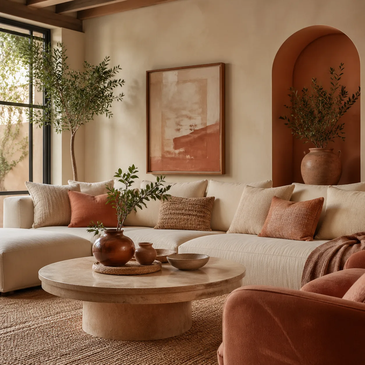Living room in a cohesive palette of warm creams and soft terracotta, layered textures but unified color story