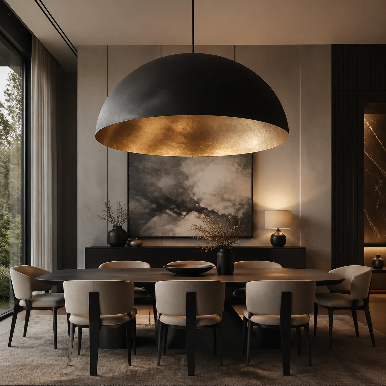 Dining room with a dramatic oversized pendant light hanging above the table, modern and striking