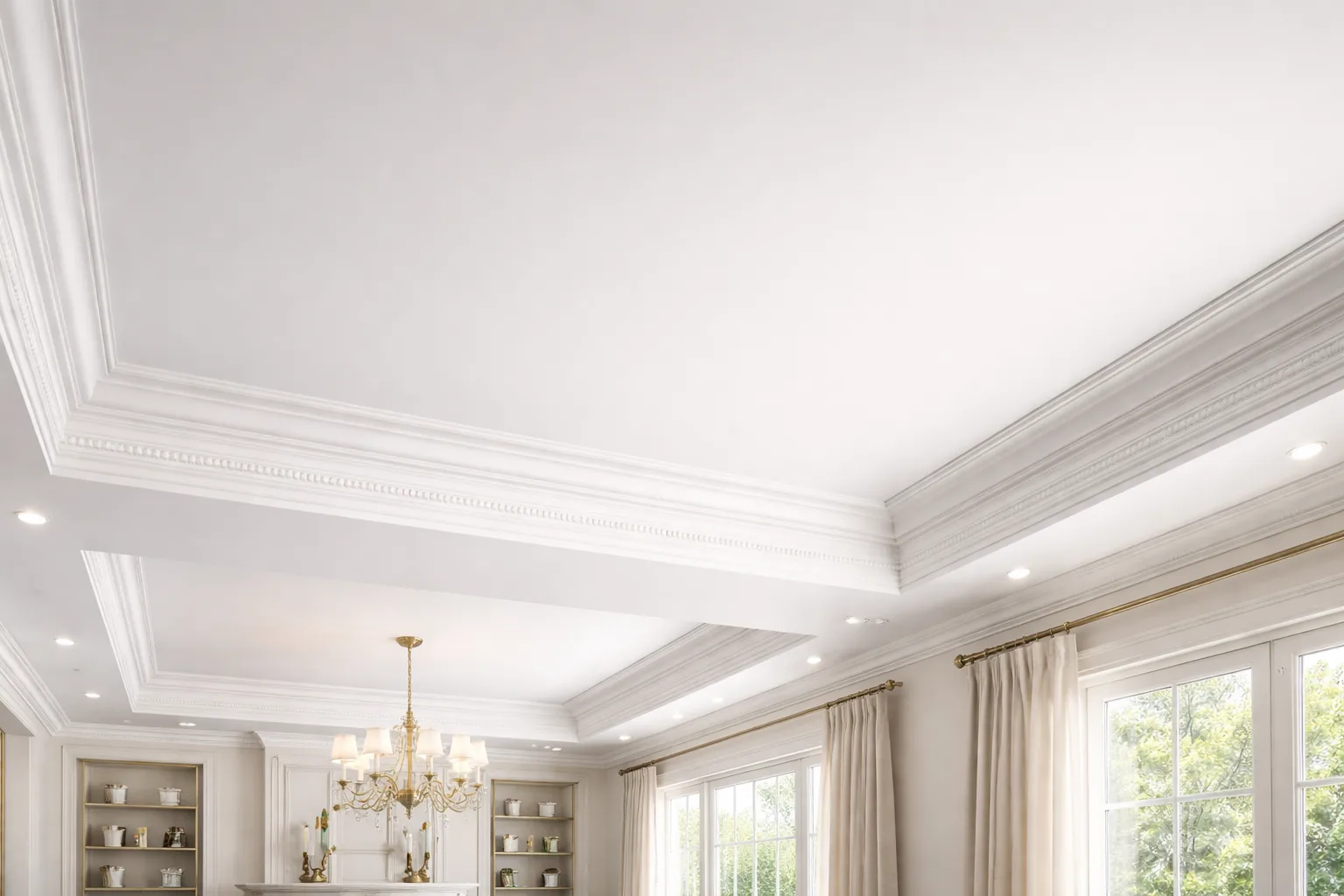 Living room ceiling with clean crown molding against a white ceiling, elegant architectural detail