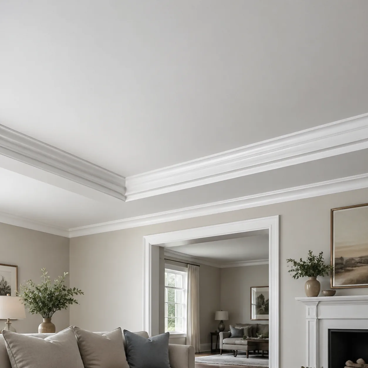Living room ceiling with clean crown molding against a white ceiling, elegant architectural detail