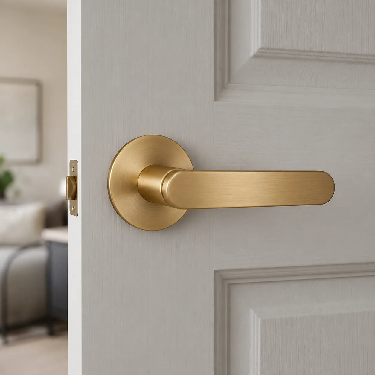 Interior door with a new brushed brass lever handle, sharp detail against a painted door