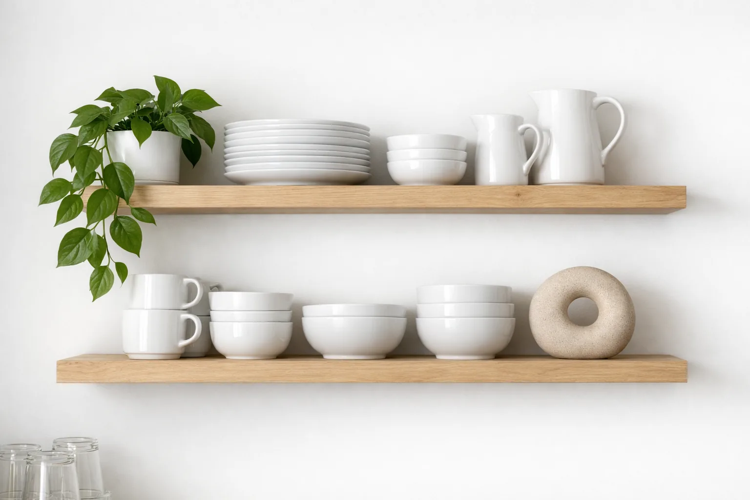 Kitchen open shelving styled with white dishes, a plant, and one decorative object, clean and minimal