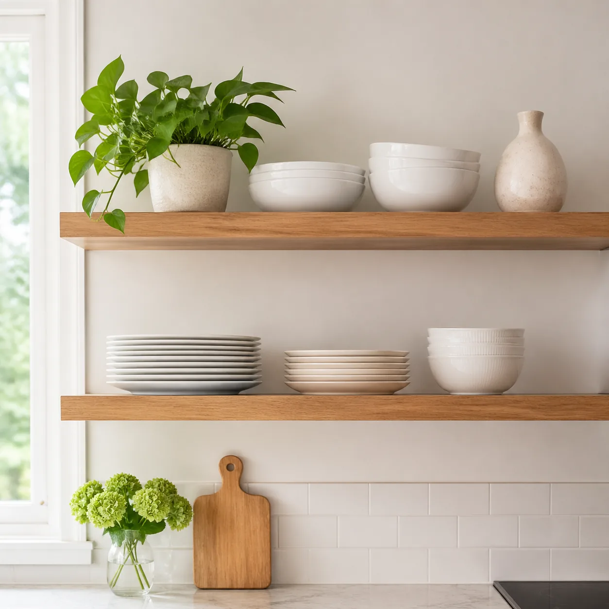 Kitchen open shelving styled with white dishes, a plant, and one decorative object, clean and minimal