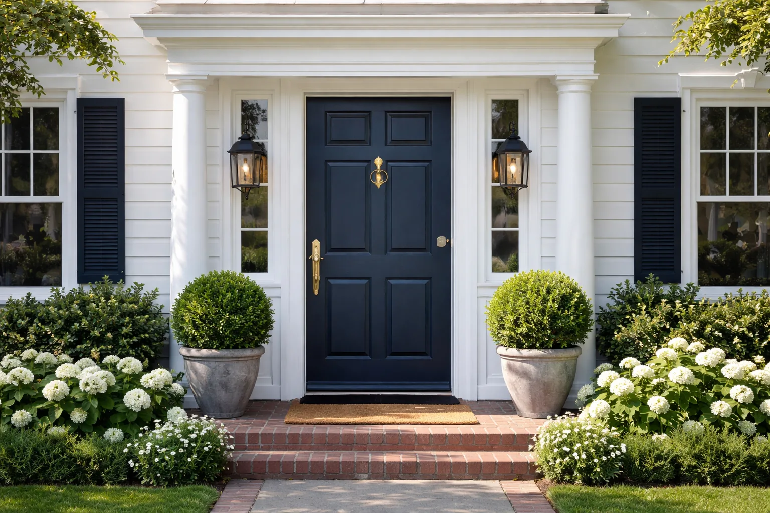 Home exterior with a bold navy, forest green, or black front door, crisp and welcoming, natural daylight