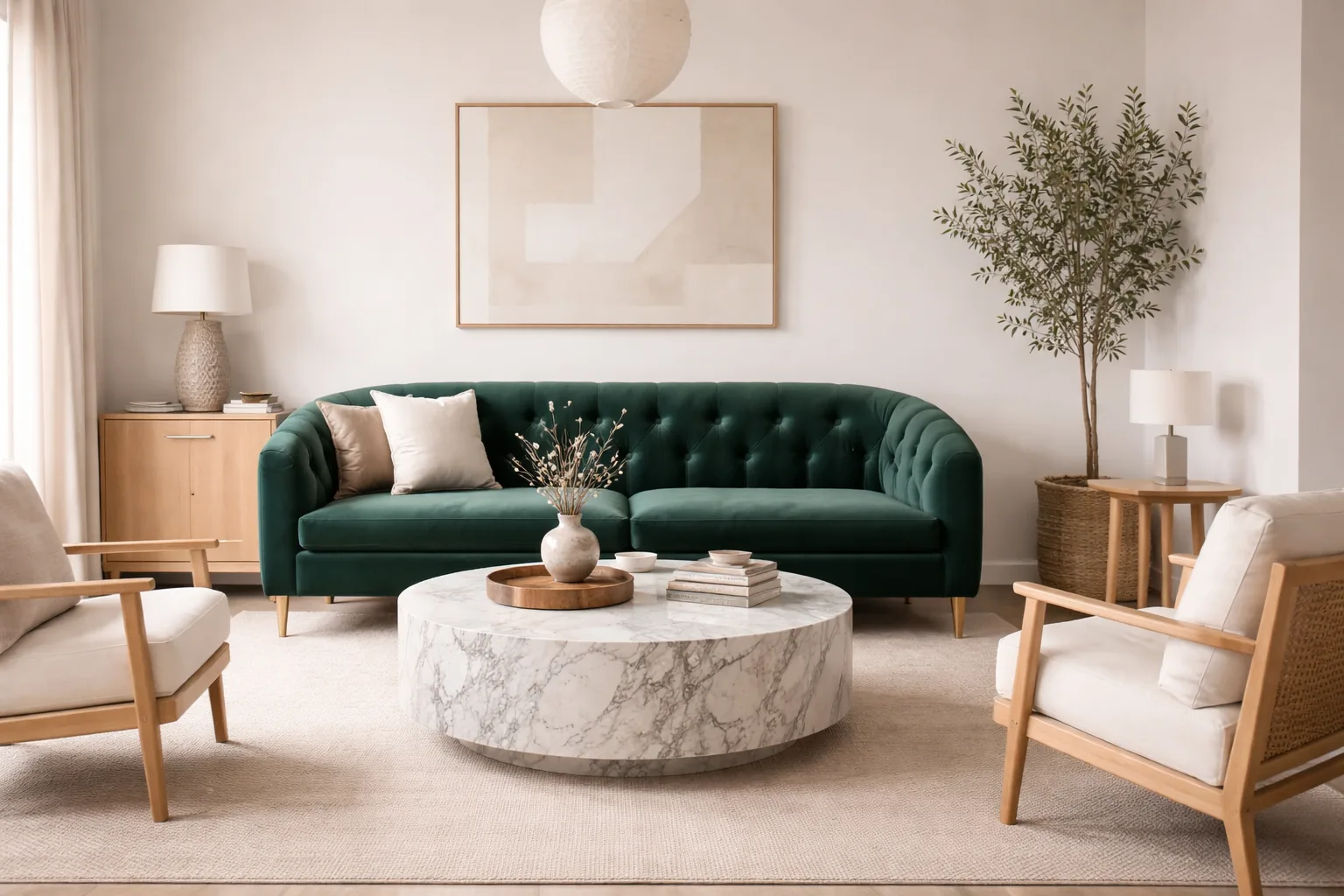 Living room with one beautiful piece of furniture — a velvet sofa or a marble coffee table — surrounded by simpler compl