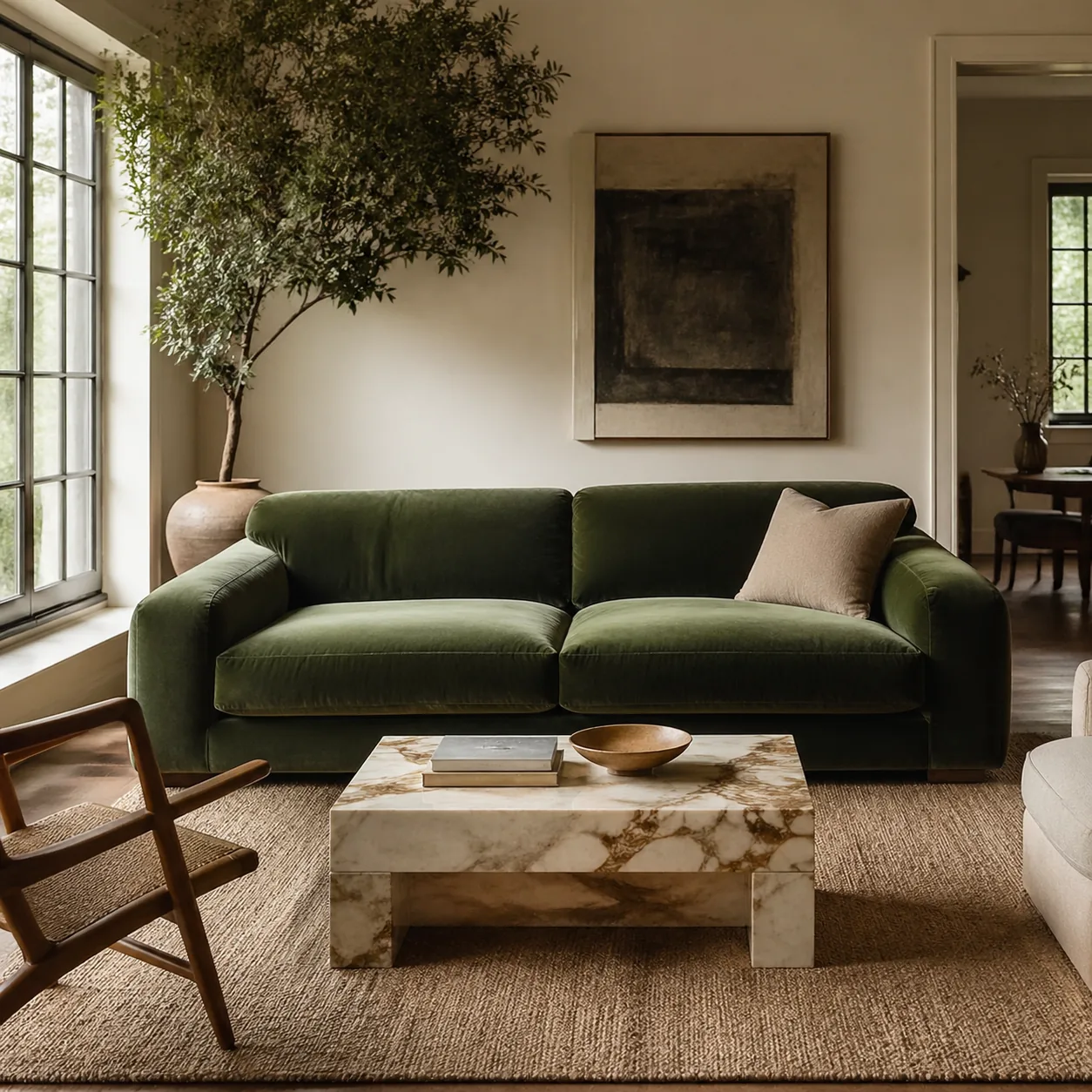 Living room with one beautiful piece of furniture — a velvet sofa or a marble coffee table — surrounded by simpler compl