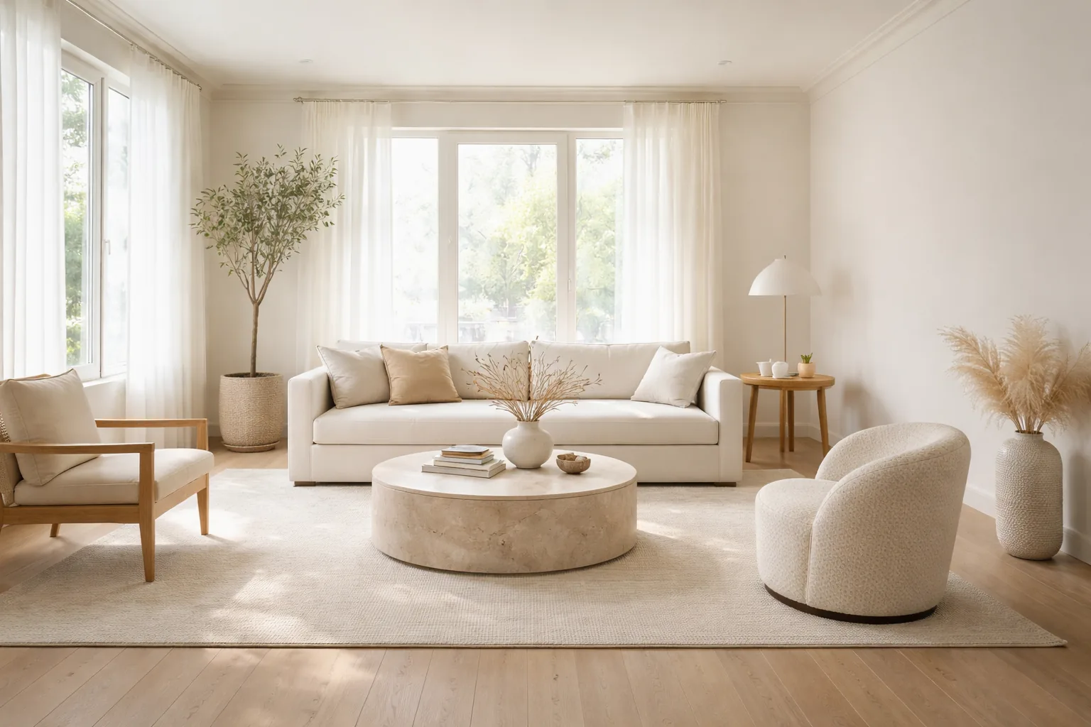Beautifully staged living room with intentional negative space, only essential furniture and decor, warm natural light, 