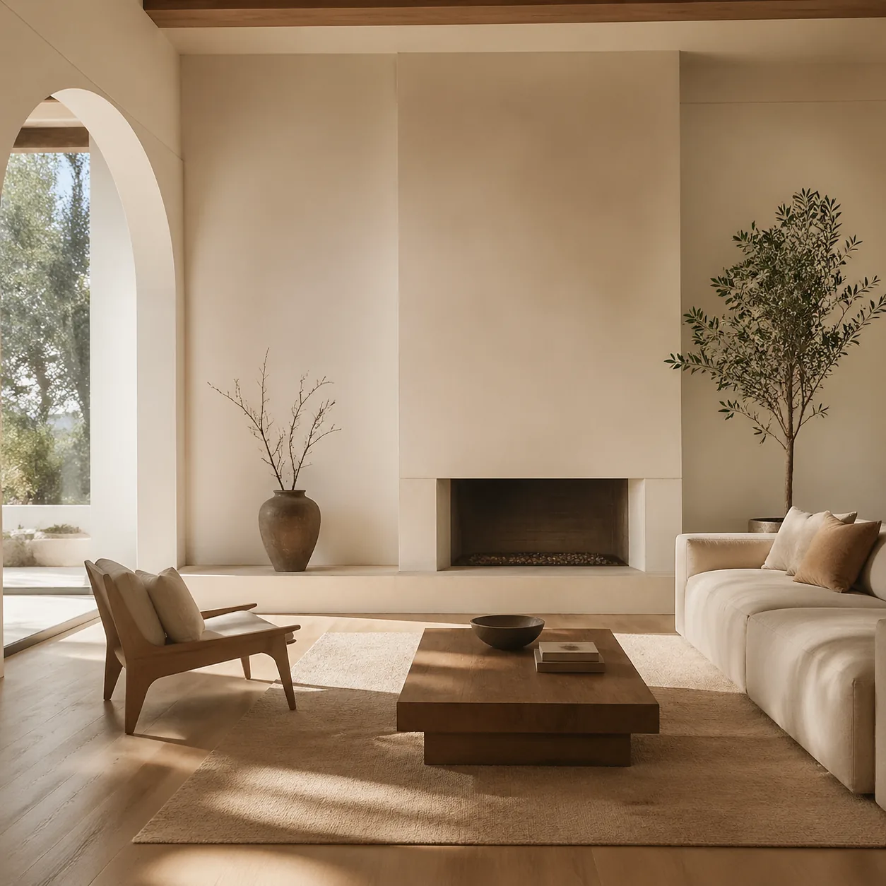Beautifully staged living room with intentional negative space, only essential furniture and decor, warm natural light, 