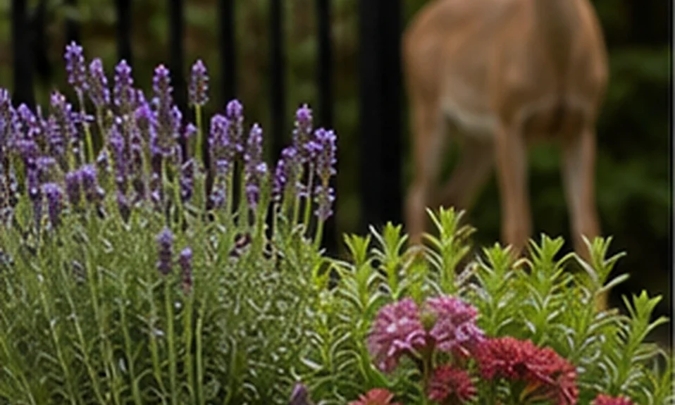 Deer-resistant flowers and herbs in pots with a deer visible beyond a garden gate