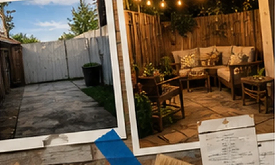 Backyard upgrade mood board with patio before and after photos, tools, and receipts