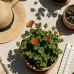 Container plants arranged with a thermometer and summer garden props in hard sunlight