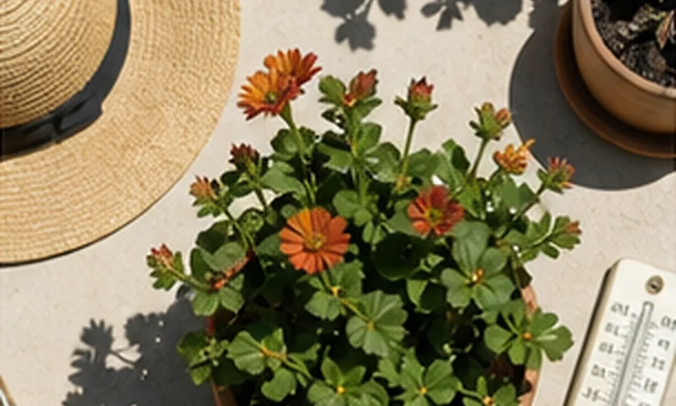 Container plants arranged with a thermometer and summer garden props in hard sunlight