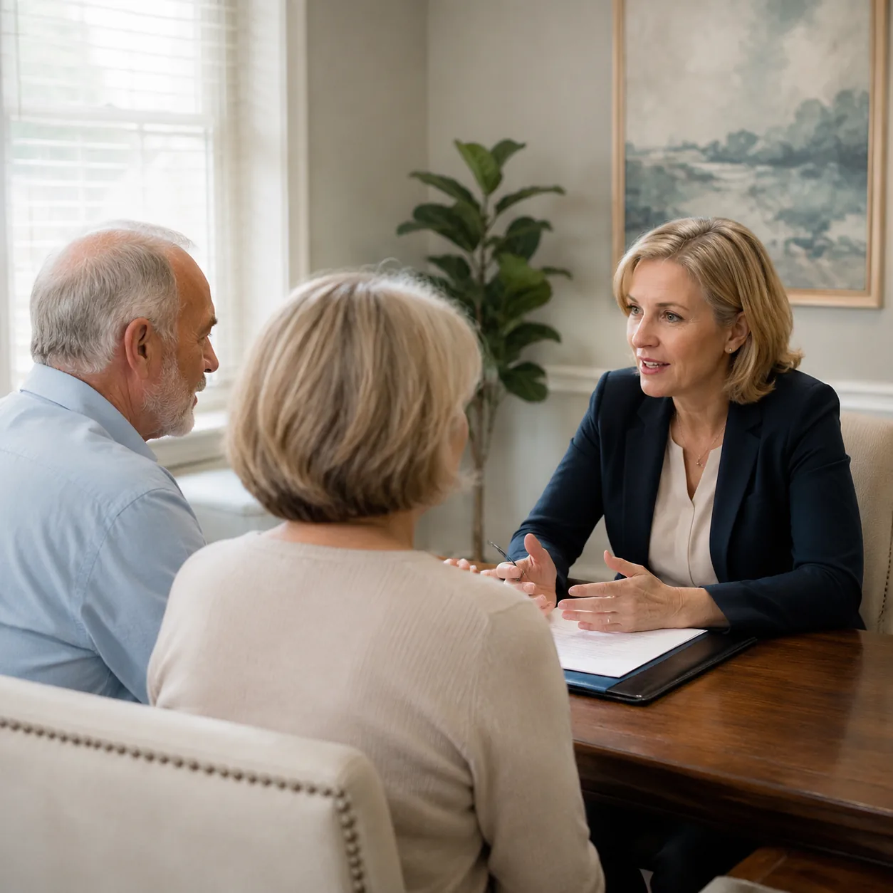 assisted living director sitting with family in quiet office answering a personal question, realistic editorial lifestyl