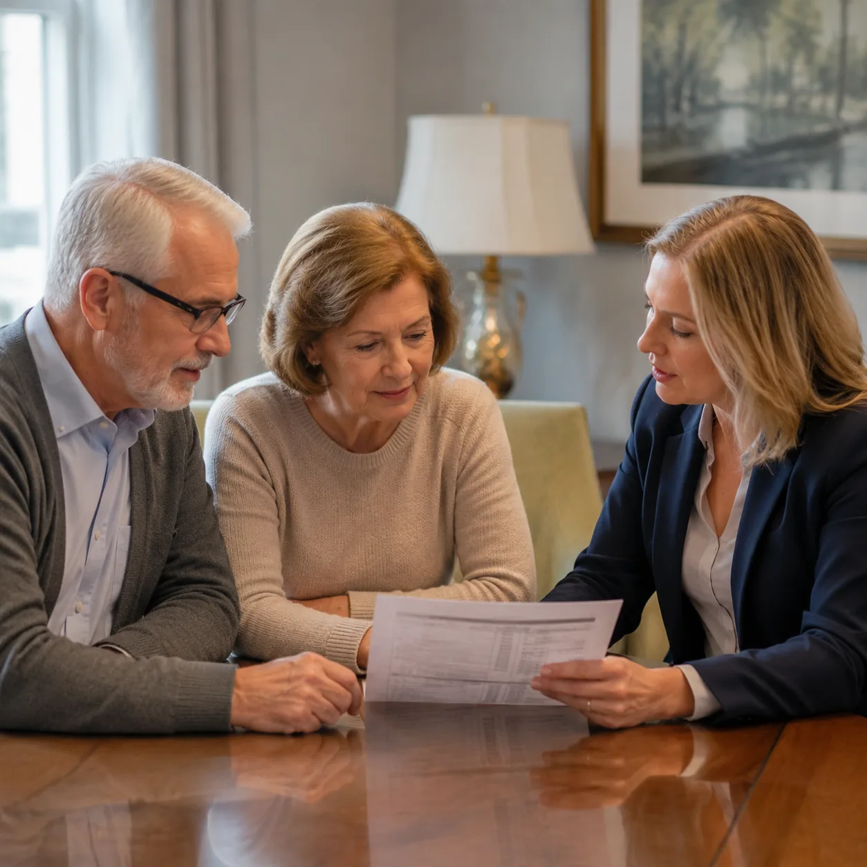 family sitting with assisted living sales director reviewing detailed sample monthly bill, realistic editorial lifestyle