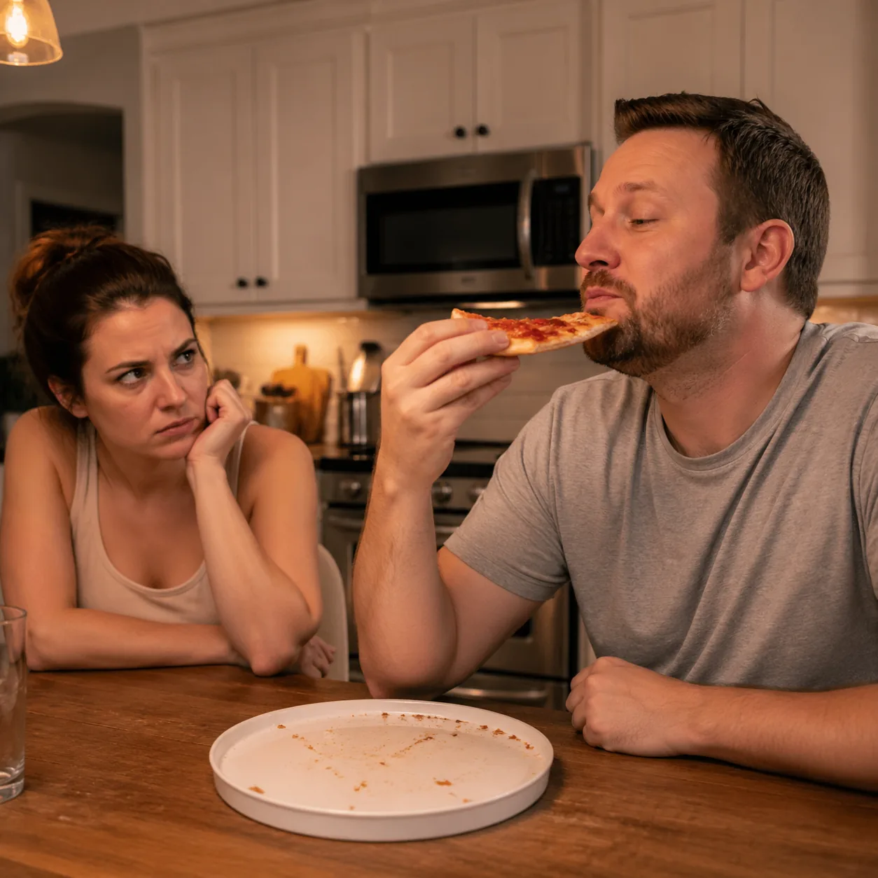 Funny realistic lifestyle photo of a husband holding the last slice of pizza near his mouth while his wife stares from a