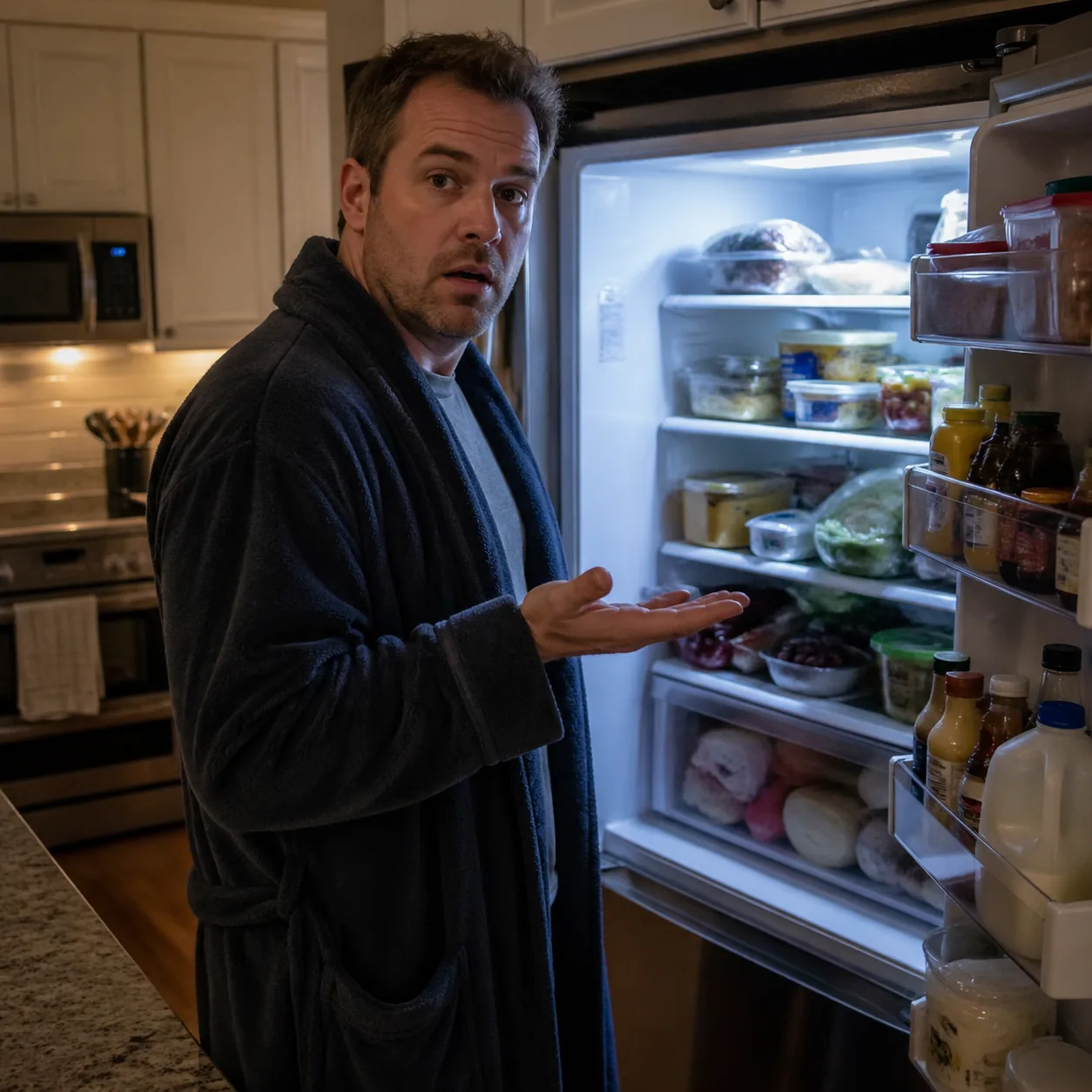 Funny realistic lifestyle photo of a husband standing in front of a fully stocked open refrigerator with a blank confuse