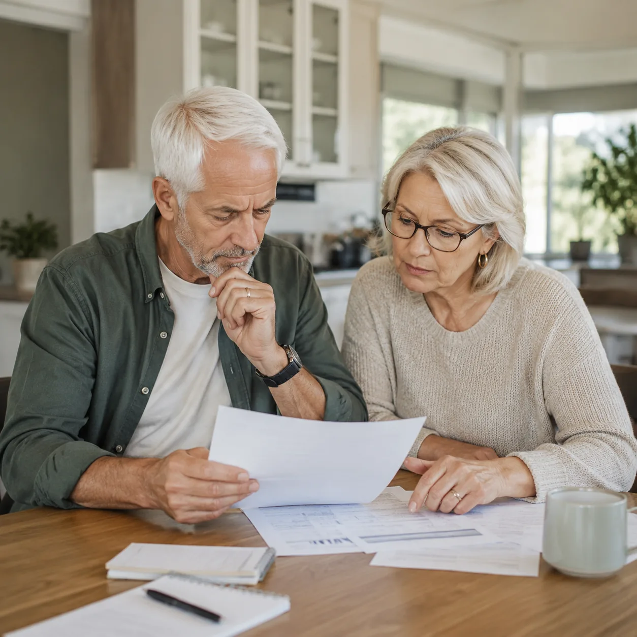 older couple reviewing HOA statement at kitchen table in 55 plus community home, realistic editorial lifestyle photograp