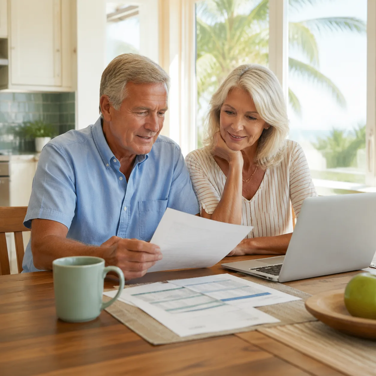 older couple smiling cautiously while reviewing Florida retirement spreadsheet at sunny kitchen table, realistic editori