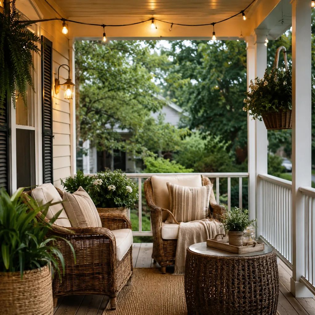 Realistic editorial photo of a cozy American porch with outdoor chairs, cushions, plants, railings, and layered decor showing warm bulbs instead of harsh blue l