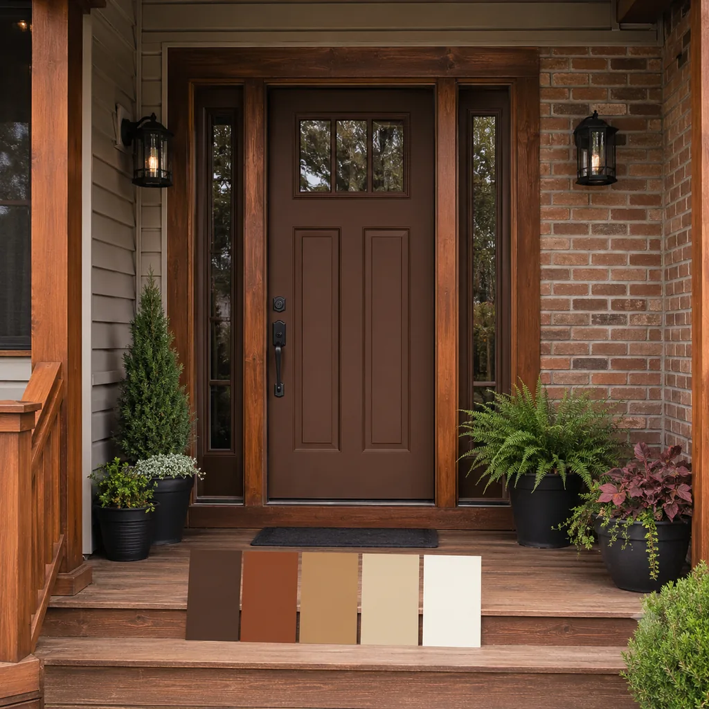 Realistic editorial photo of a front entry with door paint samples, brick, siding, plants, and trim showing brown leather with too many warm woods