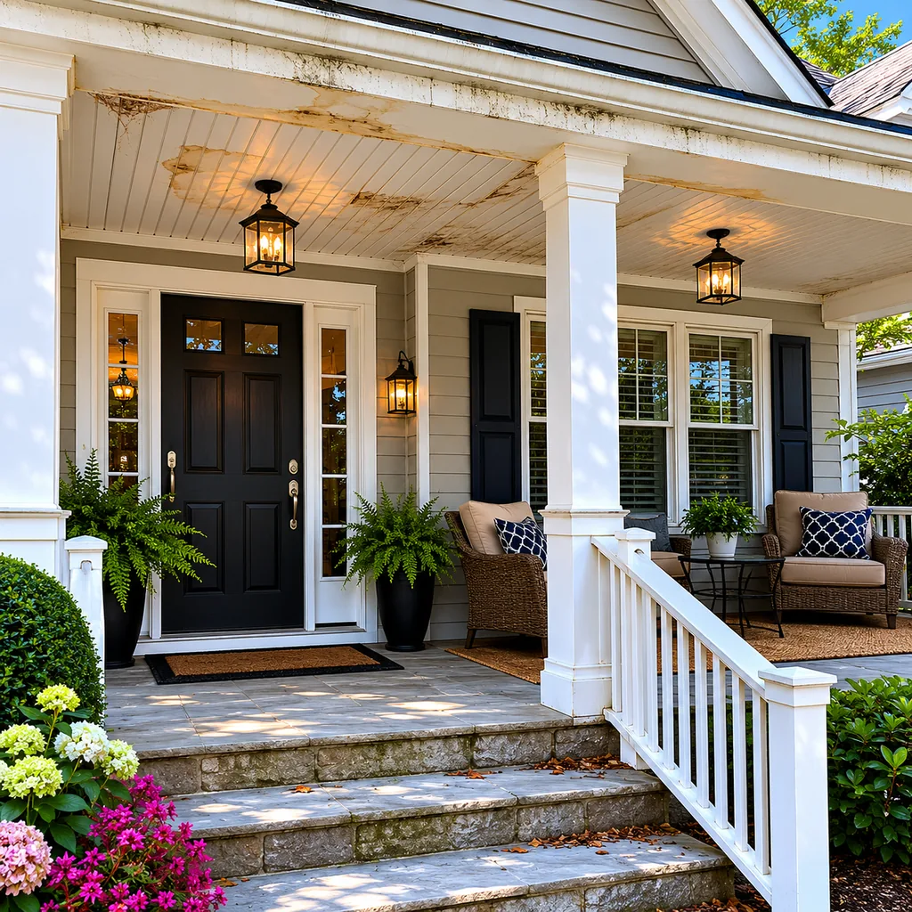 Realistic editorial photo of a front porch prepared for a home showing with steps, door, railings, seating, and curb appeal issues showing water stains around c