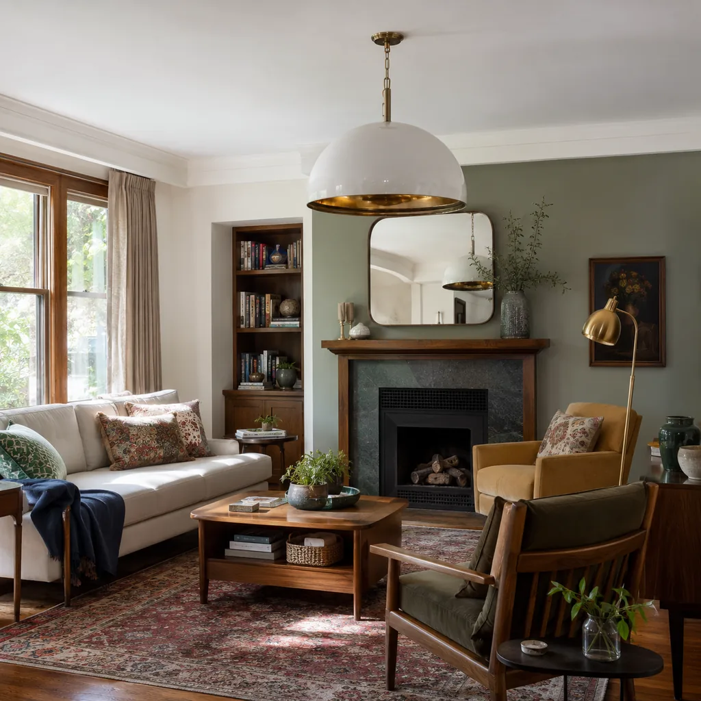 Realistic editorial photo of a home interior with vintage decor, modern furniture, warm wood, patterned accents, and layered lighting showing statement lighting