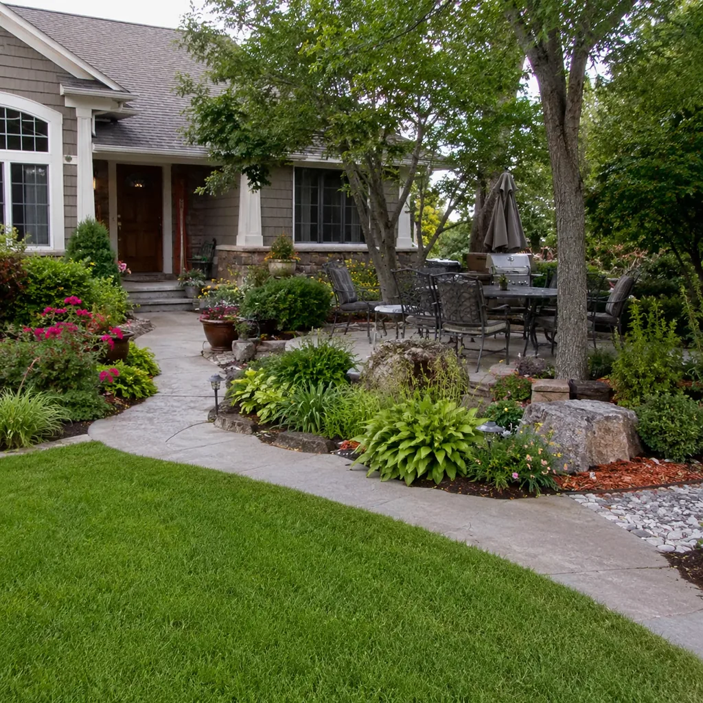 Realistic editorial photo of a landscaped American front yard with lawn, shrubs, mulch beds, trees, walkway, and house exterior showing small patio trying to do