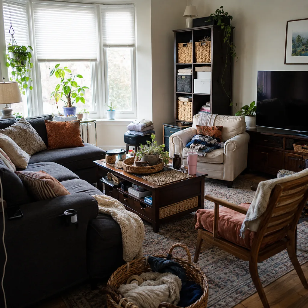 Realistic editorial photo of a living room with crowded surfaces, extra chairs, baskets, blankets, cords, and storage furniture showing coffee table used as sto