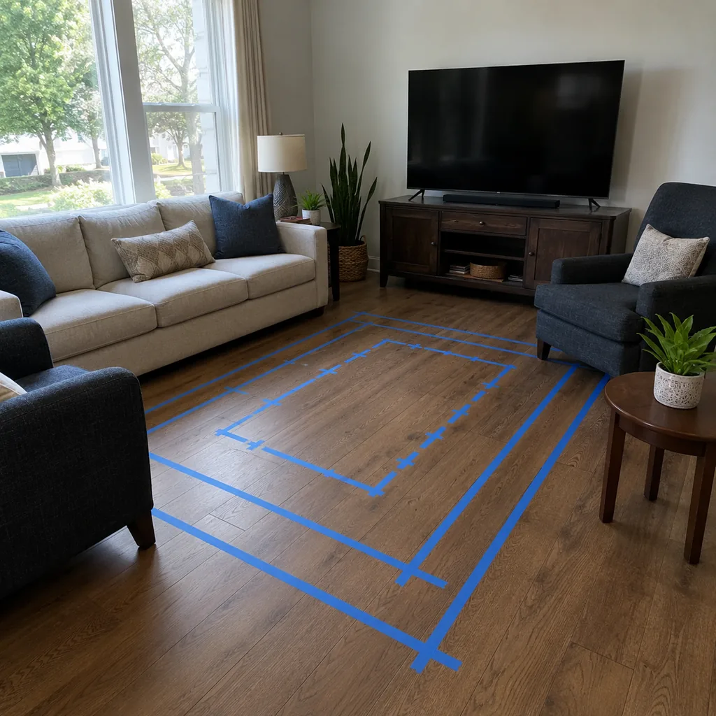 Realistic editorial photo of a living room with sofa, chairs, rug, TV, windows, and taped layout marks showing dining or game table with pull-out space