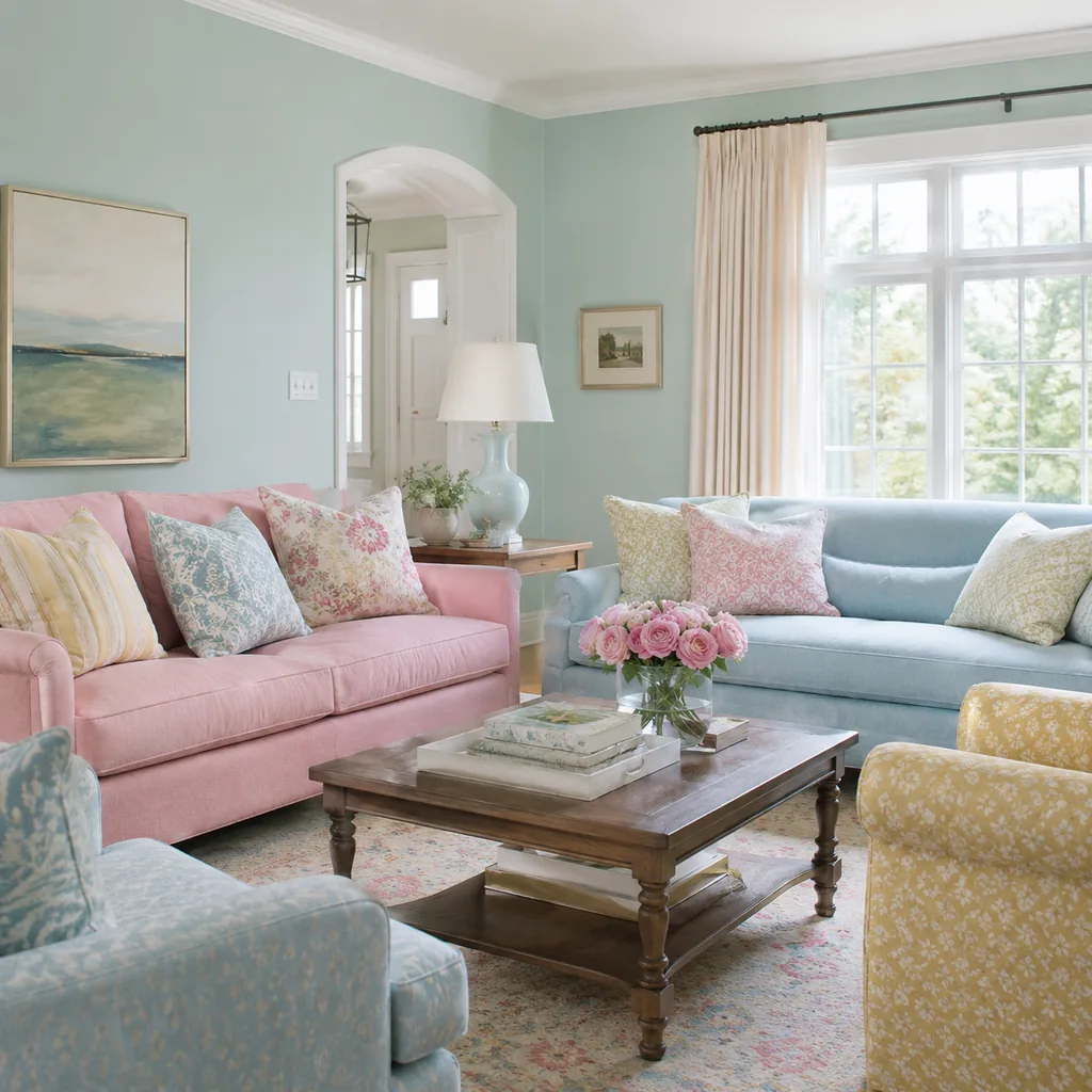 Realistic editorial photo of a living room with sofas in different upholstery colors, pillows, wall paint, and daylight showing too many pastels without groundi