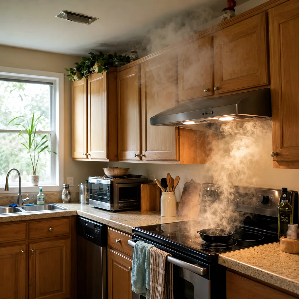 Realistic editorial photo of a realistic American kitchen with sink, cabinets, appliances, counters, and inspection details showing vent hood that does not exha