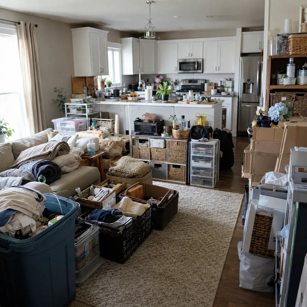 Realistic editorial photo of a realistic cluttered living room and kitchen area with boxes, counters, shelves, and organizing bins showing objects that shrink t
