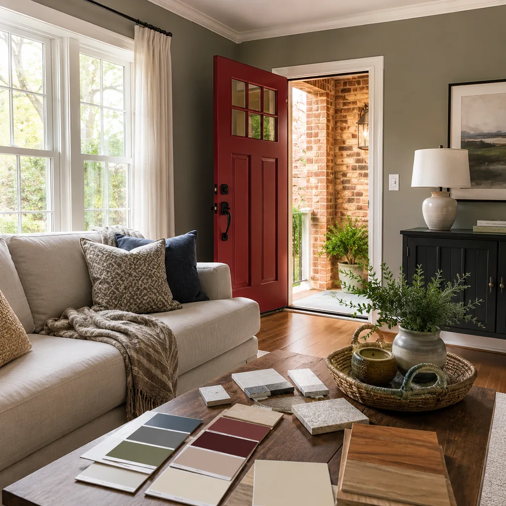 Realistic editorial photo of a room with paint swatches, sample boards, wall colors, trim, furniture, and daylight showing red front door fighting warm brick
